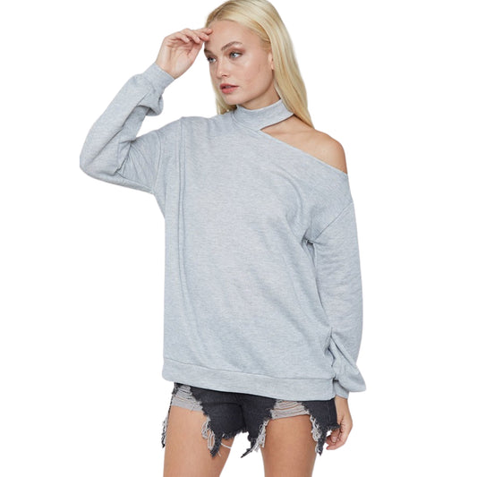 Asymmetrical Cutout Choker Sweatshirt – Heather Gray by STYLE SPIKE